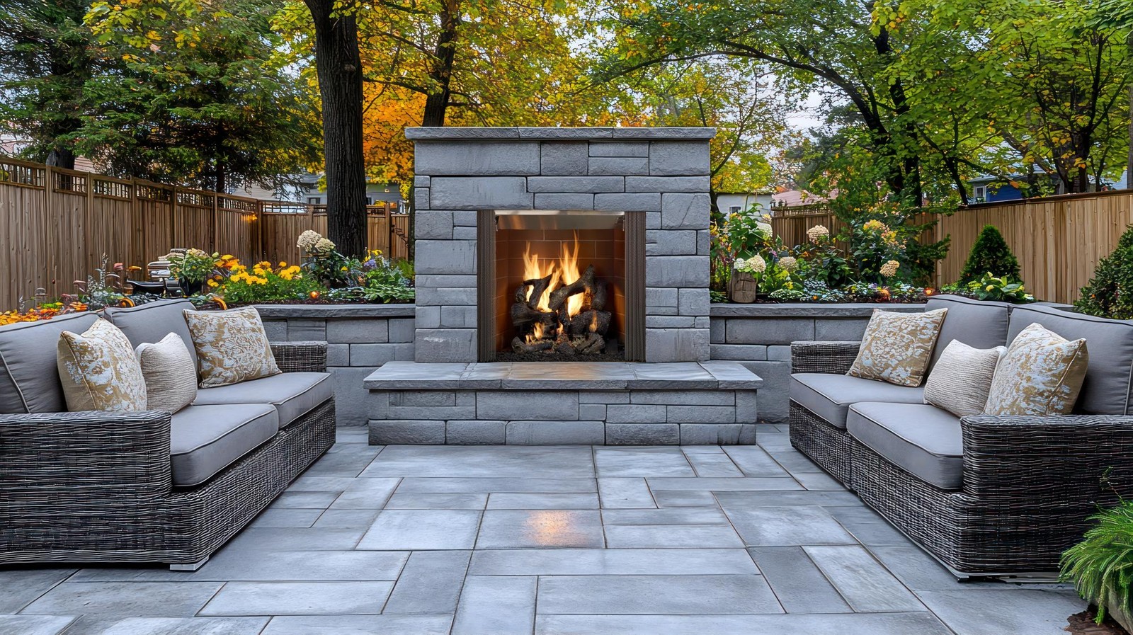 Heatilator Castlewood outdoor wood-burning fireplace in a grey stone garden feature wall with lounge seating