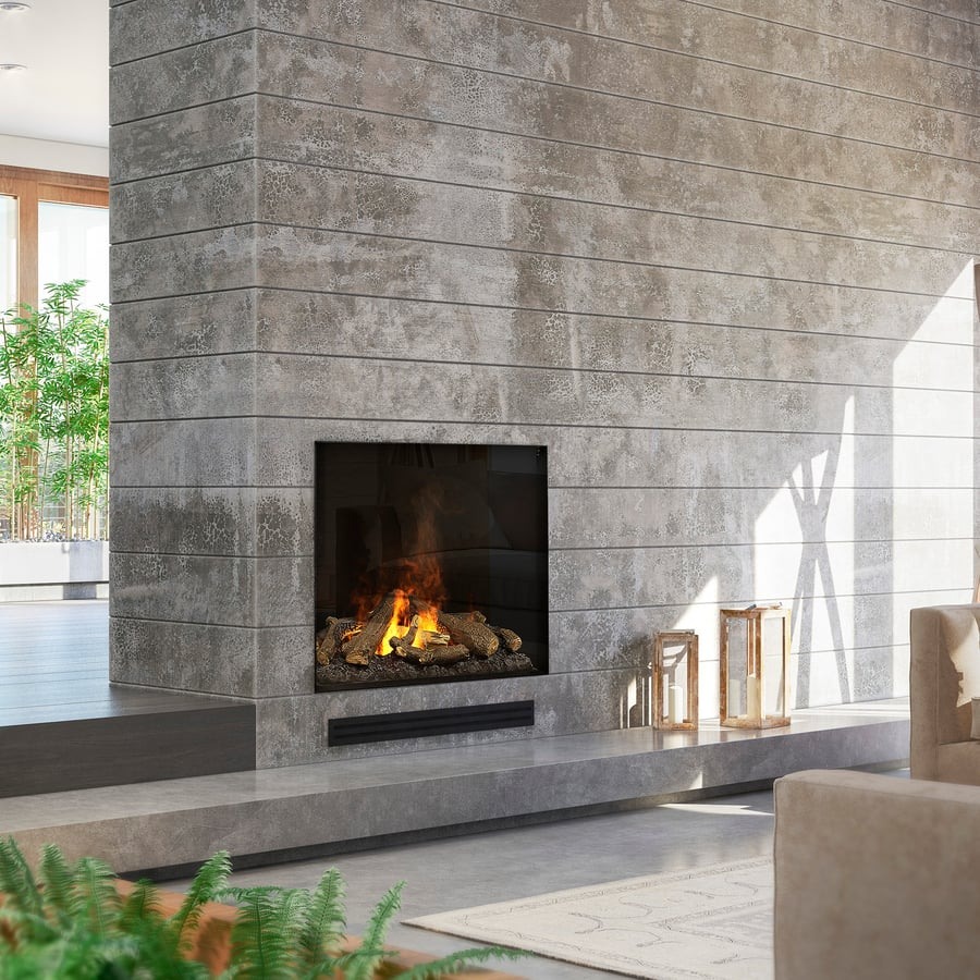 Dimplex Opti-myst e-MatriX water-vapour fireplace set into a stone living-room wall
