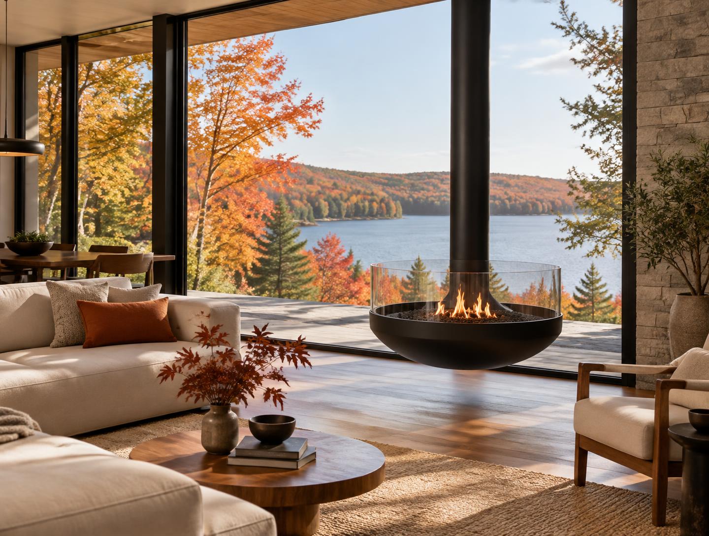 Suspended circular gas fireplace on a black steel flue with flames in an open bowl and an autumn lake view