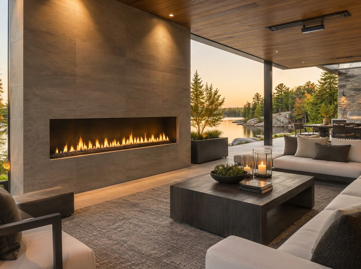 Covered outdoor terrace with a linear fireplace and lake views