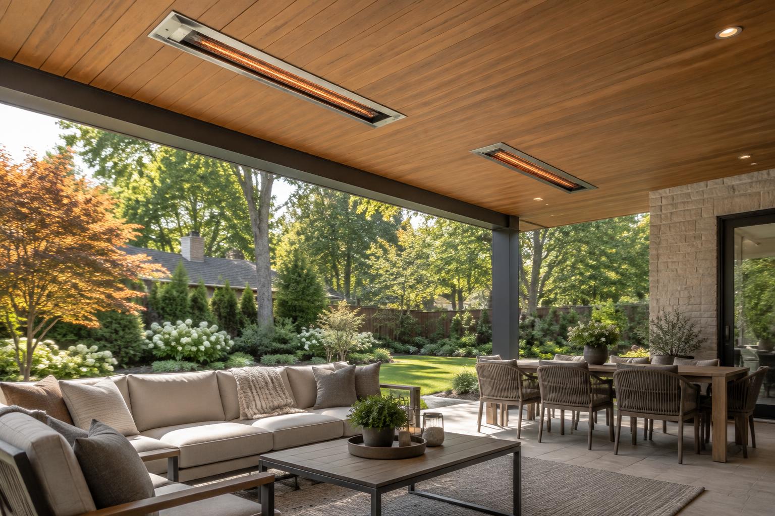 Two infrared heaters flush-mounted into the wood ceiling of an outdoor lounge overlooking a landscaped suburban garden